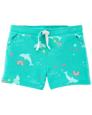 Short infantil turquesa para niña con estampado de delfines y arcoíris.