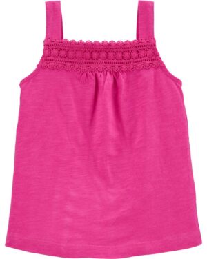 Blusa de tirantes rosa fucsia para niña con detalle de encaje floral.