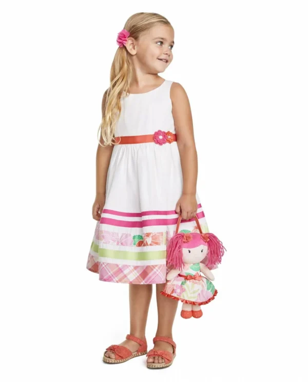 vestido blanco floral para niña con cinturón rosa