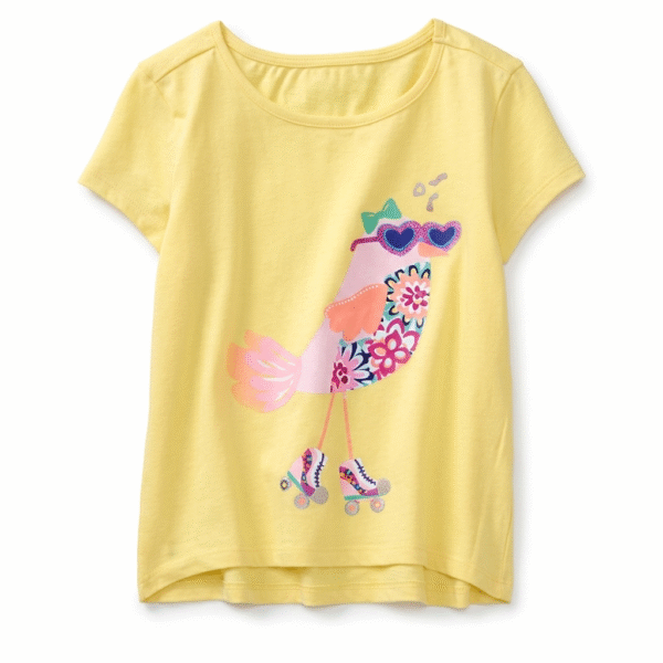 camiseta amarilla de pájaro en patines para niña