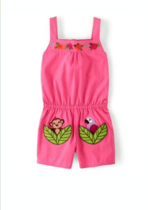 enterizo infantil tropical rosa con bordado floral y aplicaciones de mono y loro