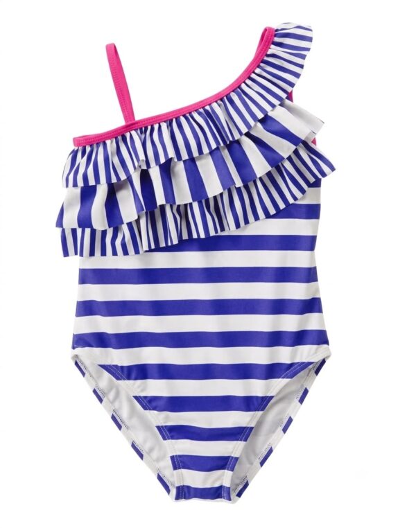 traje de baño infantil enterizo de rayas con volantes para niña
