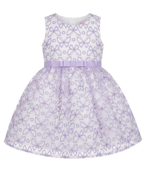 vestido infantil de fiesta blanco con mariposas lila y cinturón para niña