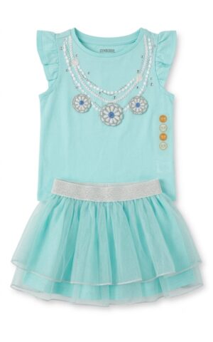 conjunto infantil para niña con falda de tul y blusa color aqua
