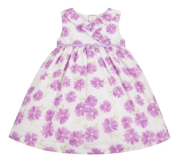 vestido infantil floral lila con volante elegante