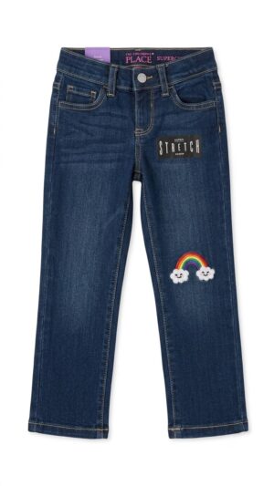 jeans infantil stretch azul oscuro con bordado de arcoíris – the children's place
