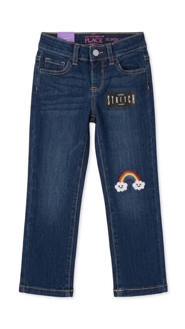 jeans infantil stretch azul oscuro con bordado de arcoíris – the children's place