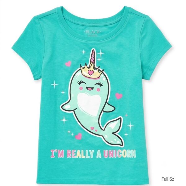 camiseta infantil turquesa con delfín unicornio