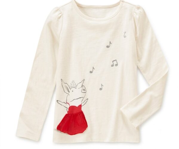 camiseta blanca manga larga para niña con cerdita bailarina