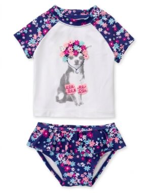 traje de baño de dos piezas para niña con perrita y flores