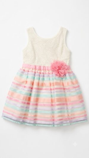 Home vestido de fiesta para niña con encaje y falda de rayas pastel