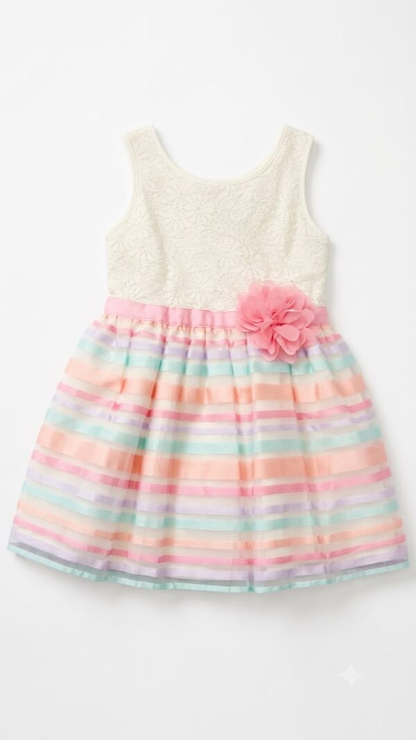 vestido de fiesta para niña con encaje y falda de rayas pastel
