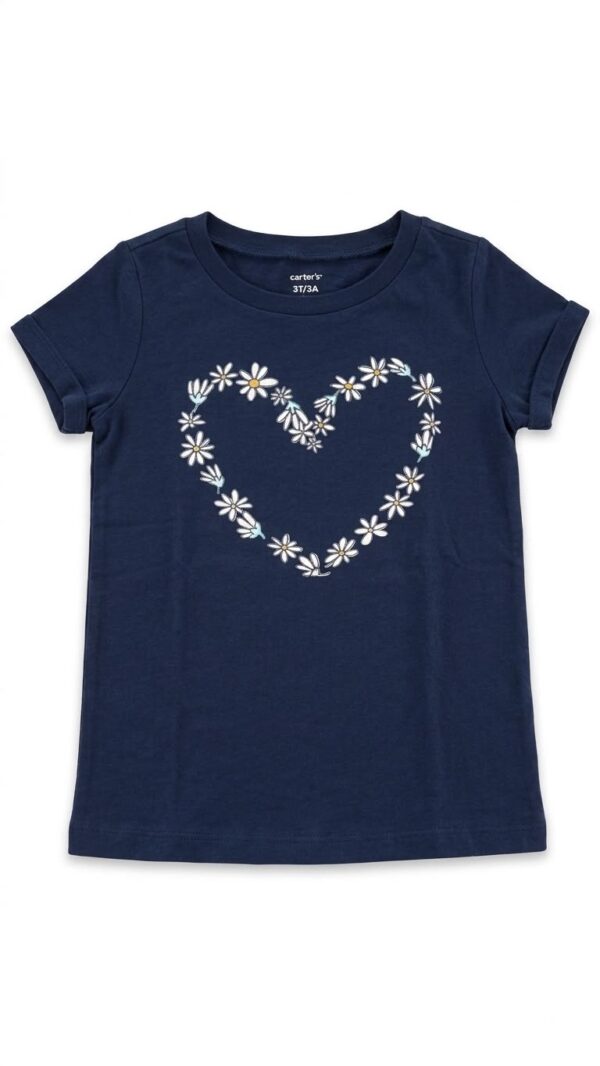 camiseta azul marino con corazón de flores para niña – carter’s