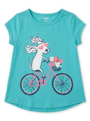 camiseta turquesa de perrita en bicicleta para niña