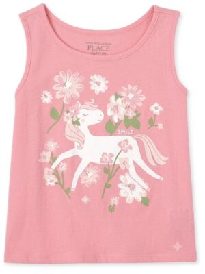 camiseta rosa sin mangas de niña con unicornio y flores