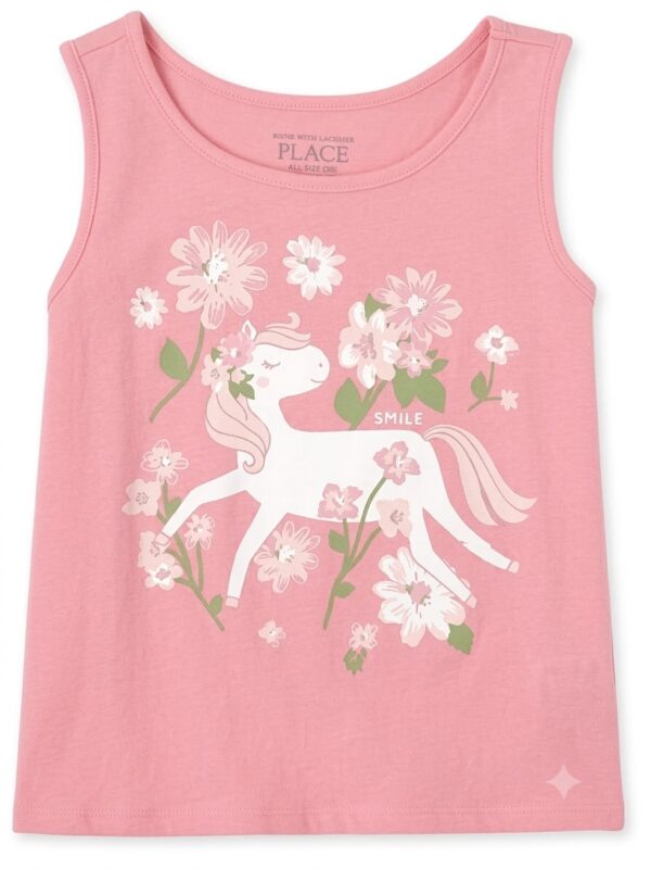 camiseta rosa sin mangas de niña con unicornio y flores