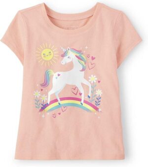 camiseta coral de niña con unicornio y arcoíris