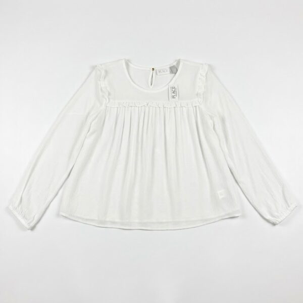 blusa blanca manga larga con volantes para niña