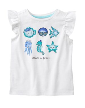 camiseta blanca para niña con animales marinos bordados